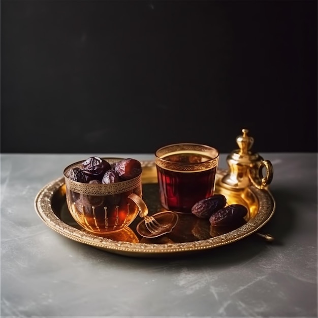 Photo ramadan concept with dates and tea