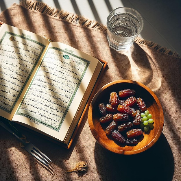 Photo ramadan concept with open quran in bowl