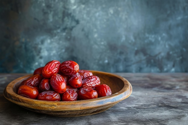 Photo ramadan dates palm fruit on a wooden plate