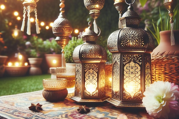 Ramadan decoratie met Arabische lantaarn en kaars op een houten tafel in de tuin