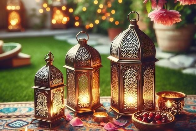 Ramadan decoratie met Arabische lantaarn en kaars op een tafel in de tuin