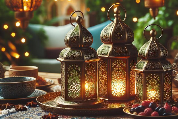 ramadan decoration with arabic lantern and candle on a wooden table in the garden