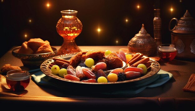 사진 다양한 음식과 이슬람 등불로 이프타르 파티를 위한 라마단 맛있는 요리