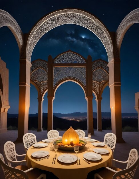 Ramadan Dinner in Lantern Desert Islamic Crescent Background