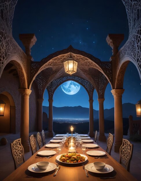 Ramadan Dinner in Lantern Desert Islamic Crescent Background