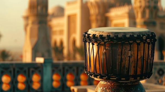 Foto il tamburo di ramadan è in primo piano con un vecchio edificio della città sullo sfondo