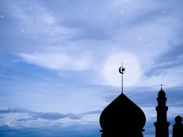 Ramadan Eid aifitrNew jaar Muharram islamitische religie symbolen met silhouet moskee koepel op vervagen donker rode en oranje schemering hemel in nacht zonsondergang arabische eid aladhamubarak moslim concept