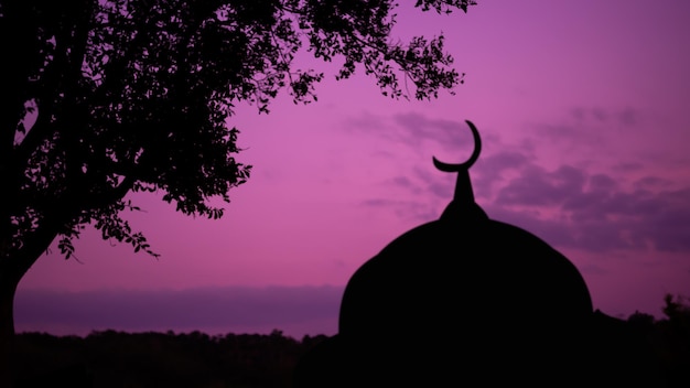 ラマダンイードaifitr新年ムハッラムイスラム教のシンボルツリーDomeMoonのシルエット夜の日没の濃い赤と紫のピンクの薄明かりの空アラビア語Eidaladhamubarakイスラム教徒の概念