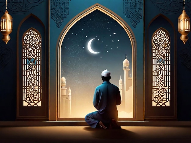 Ramadan and Eid Mubarak vector greeting background with a man praying front at Islamic windows for banner Flyer social media print poster web