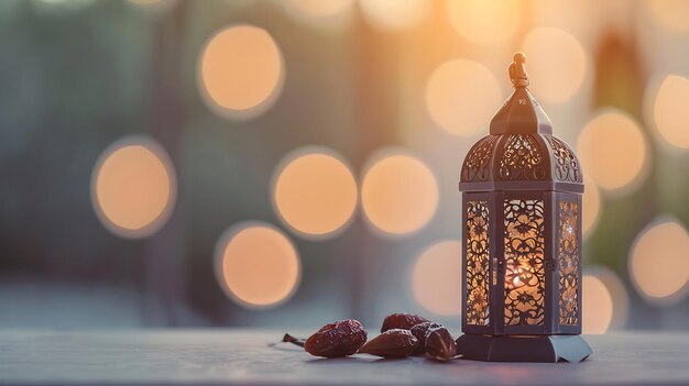 Ramadan en Eid concept licht crème kleur nieuwe achtergrond met data en Arabische traditionele lantaarn