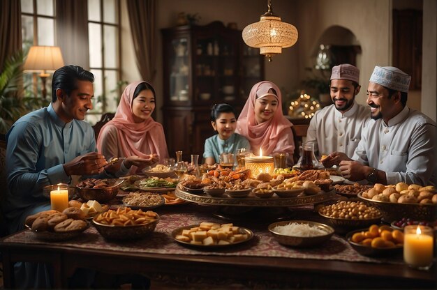 Photo ramadan family celebrating at the living room with a table full of sweets