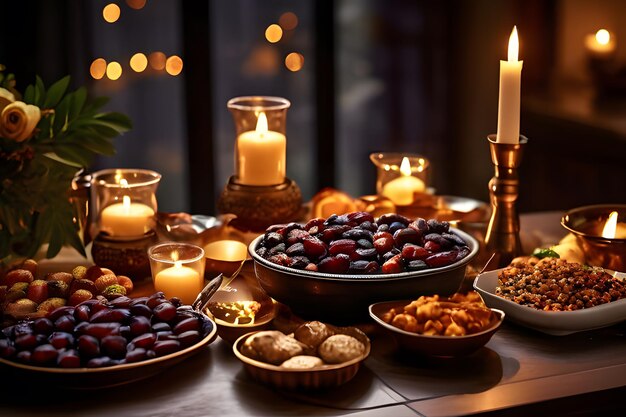 Foto ramadan family iftar una tavola splendidamente decorata con datteri e prelibatezze tradizionali al lume di candele calde