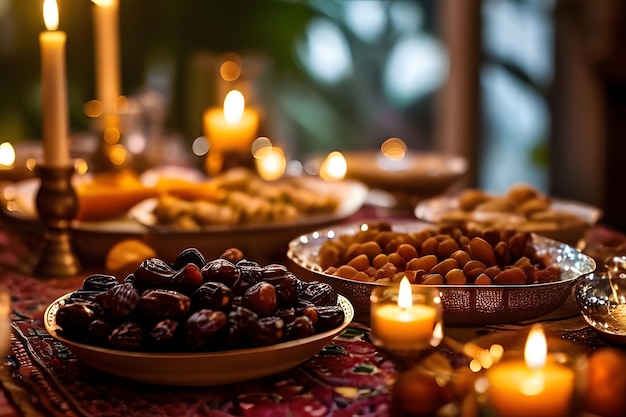 라마단 가족 이프타르 날짜와 전통적 맛있는 음식으로 아름답게 세워진 테이블 따뜻한 불
