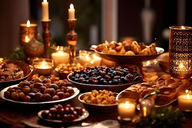 Foto ramadan family iftar una tavola splendidamente decorata con datteri e prelibatezze tradizionali al lume di candele calde