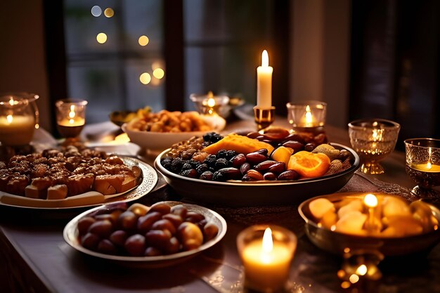 Ramadan Family Iftar Een prachtig ingerichte tafel met dadels en traditionele delicatessen Warm kaarslicht