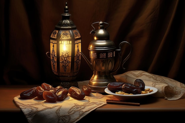 A Ramadan Fasting with a lamp and a plate of food dates Generative AI