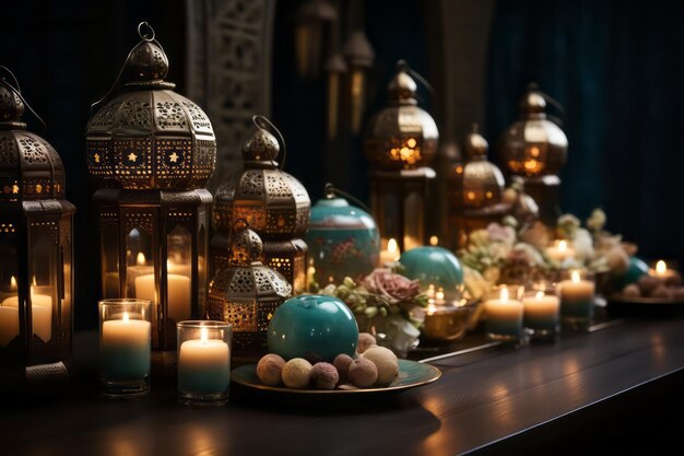 Ramadan festival decoraties met lantaarns en voedsel