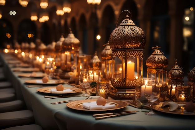 Photo ramadan festival decorations with lanterns and foods