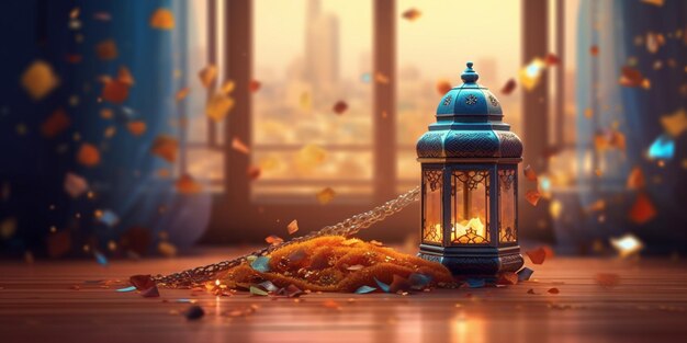 Foto lanterna del festival del ramadan e oggetti di scena sullo sfondo del pavimento concetto di cultura e religione