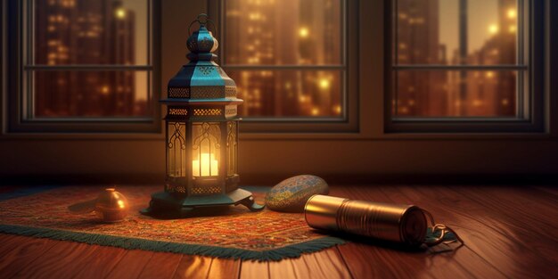 Ramadan festival lantern and props on the floor background culture and religion concept