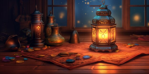 Ramadan festival lantern and props on the floor background Culture and religion concept