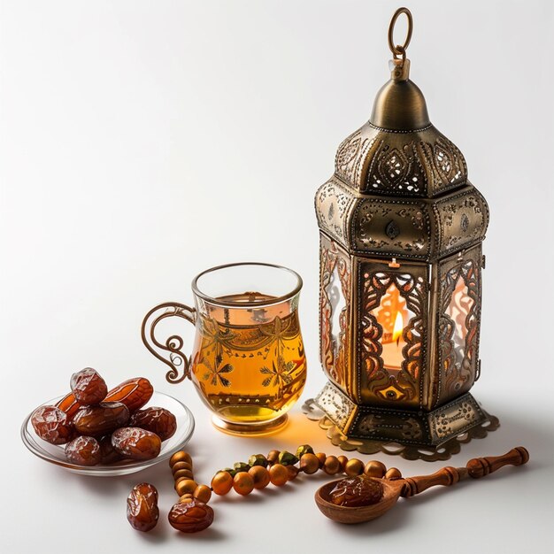 Photo ramadan food and drinks concept ramadan lantern with arabian lamp ai generated