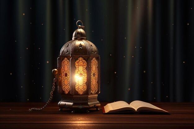 Foto ramadan foto kareem koninklijke elegante lantaarn en rozenkrans met de heilige koran op houten tafel