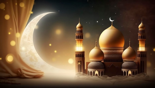 Ramadan-groetbanner met gouden Styler, 3D-rendering achtergrond