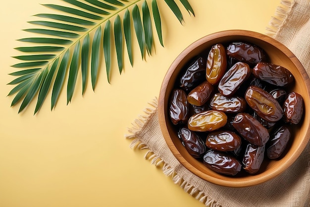 Ramadan Healthy food background with dates palm leaves and dried fruits for iftar photo background