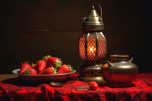 Ramadan heerlijke aardbeien in een bord voor iftar feest met lantaarn