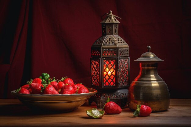 Ramadan heerlijke aardbeien in een bord voor iftar feest met lantaarn