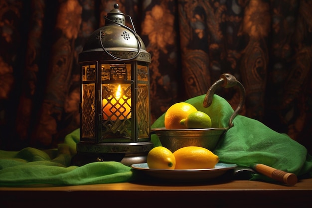 Ramadan heerlijke mango in een bord voor iftar feest met verschillende voedingsmiddelen en moskee