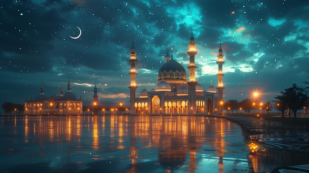 Photo ramadan holy month is coming to earth street at night blue and green dreamy sky with stars