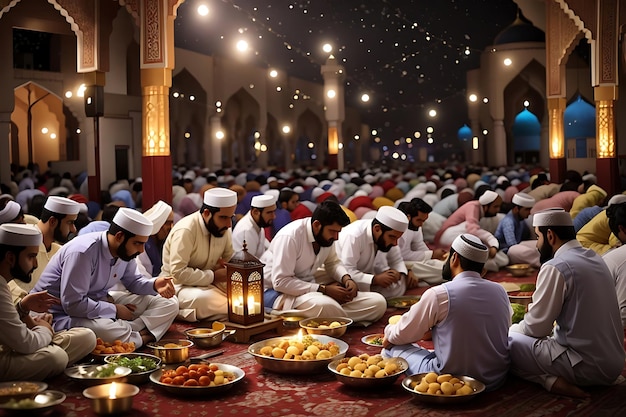 Ramadan Iftaar group of muslim people breaking fasting