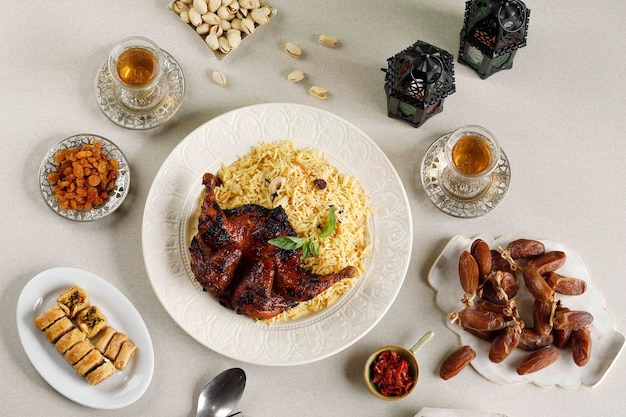 Ramadan Iftar Menu Buffet Basmati Rice Kabsa with Roasted Chicken Raisin Tea Dates Fruit Pistachio and Turkish Baklava