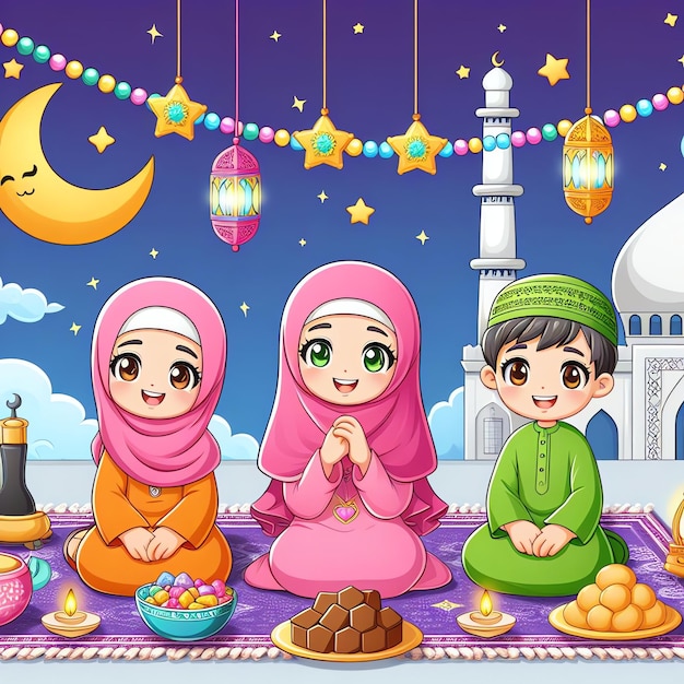 Foto cartella di auguri per l'iftar del ramadan con date disegnate a mano e cibo islamico su uno sfondo grunge bianco