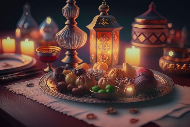 Ramadan iftars markeert het einde van het vasten Tafel met dadels Oosters eten en snoep Eid mubarak Traditionele Midden-Oosterse keuken avondmaaltijd Generatieve AI