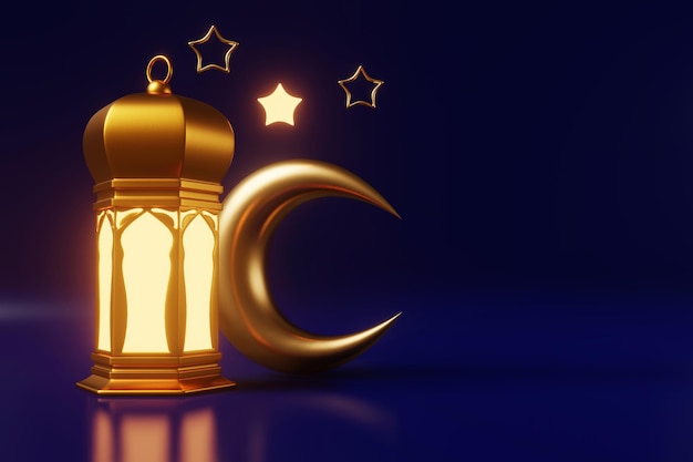 라마단 이슬람 촛불 랜턴 빛나는 빛 초승달 복사 공간 어두운 배경 3d 렌더링 배너 Eid al adha mubarak
