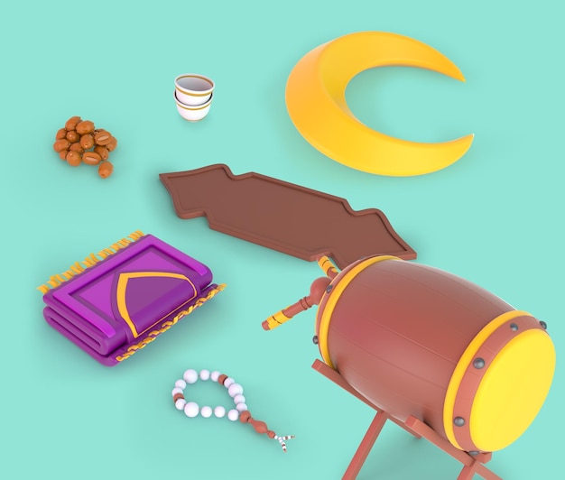 Ramadan Islamic Frame With Crescent and Drum Perspective View