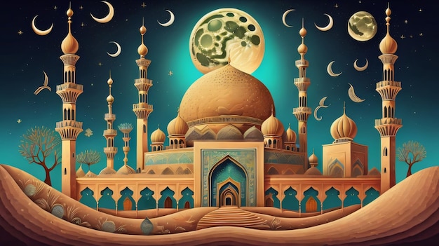 달 밤 벡터 ai에서 라마단 이슬람 사원