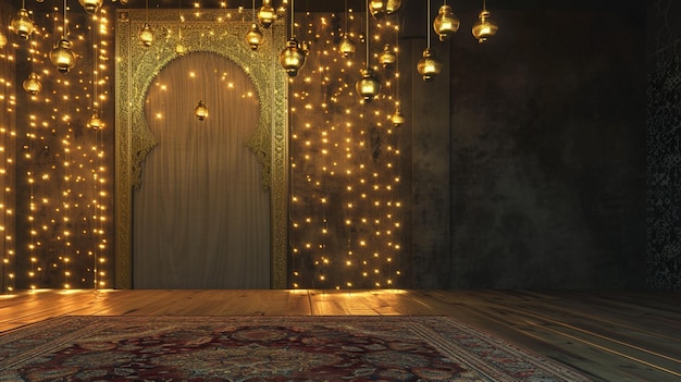 Ramadan Islamic room scene gold ornament copy space background Generative Ai