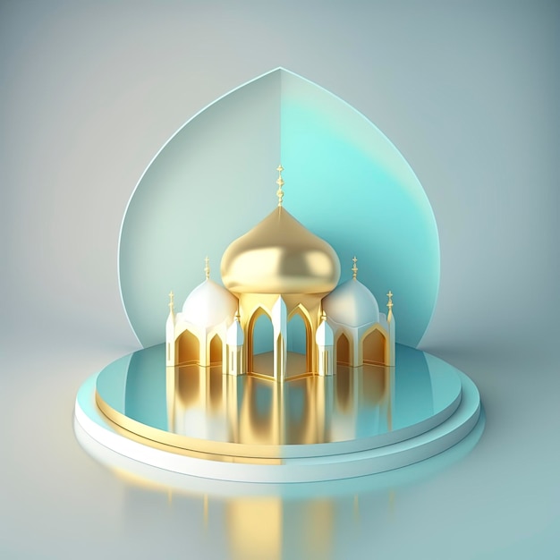 写真 金色の3dリアルなモスクステージと製品プレゼンテーション用の表彰台を備えたラマダンイスラムシーン