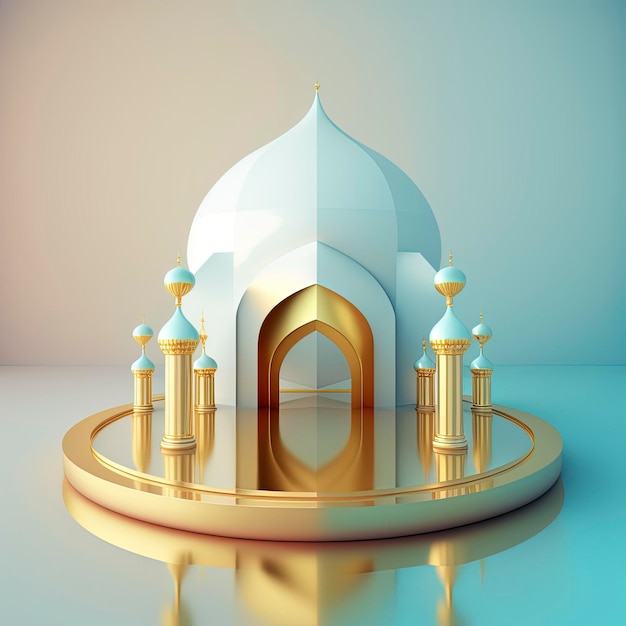 Ramadan islamic scene with golden 3d realistic mosque stage and podium for product presentation