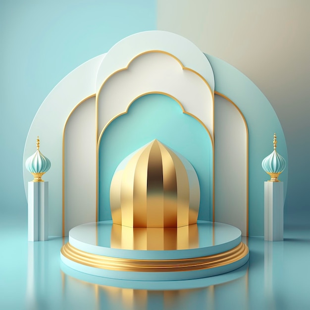 金色の3Dリアルなモスクステージと製品プレゼンテーション用の表彰台を備えたラマダンイスラムシーン