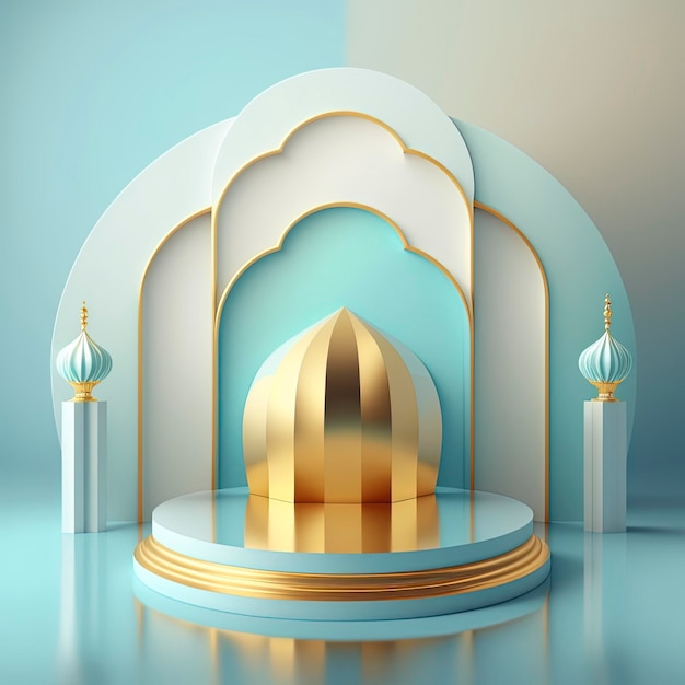 Ramadan islamic scene with golden 3d realistic mosque stage and podium for product presentation