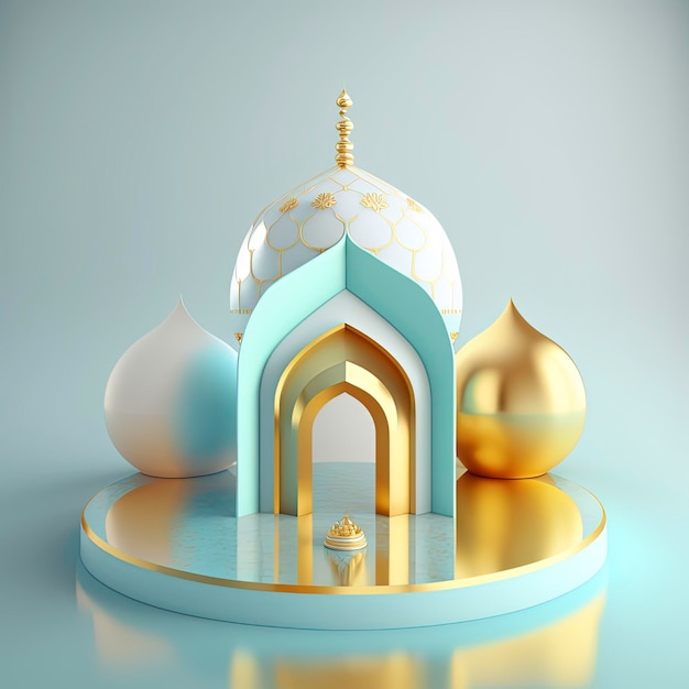 Ramadan islamitische scène met gouden 3D-realistische moskeepodium en podium voor productpresentatie