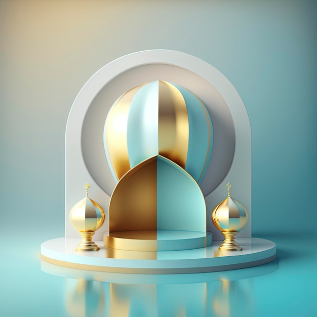 Ramadan islamitische scène met gouden 3D-realistische moskeepodium en podium voor productpresentatie