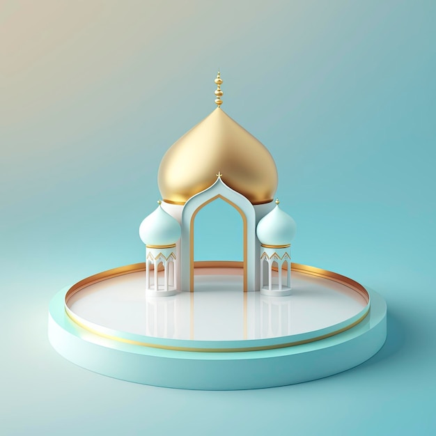 Ramadan islamitische scène met gouden 3D-realistische moskeepodium en podium voor productpresentatie