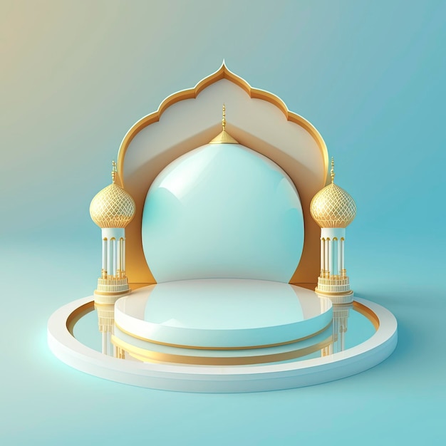 Ramadan islamitische scène met gouden 3D-realistische moskeepodium en podium voor productpresentatie