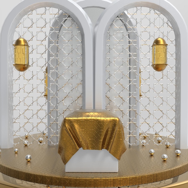 ramadan kareem 3d achtergrond met Arabisch kanon en islamitische decoratieve objecten, 3D-rendering